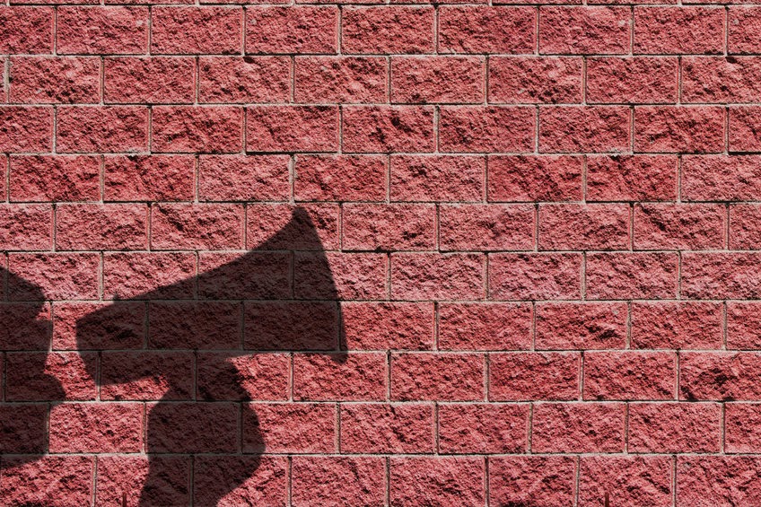 A shadow with a megaphone on a brick wall. 